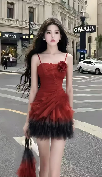 时尚轻奢名媛红色渐变设计一字肩吊带高腰设计感晚礼服短款连衣裙