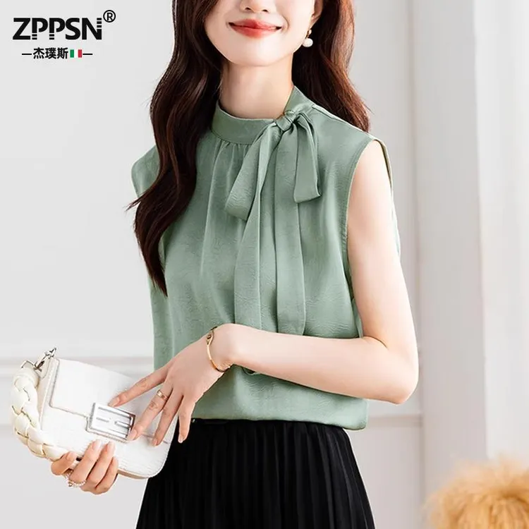 ZPPSN法式蝴蝶结飘带无袖背心女立领醋酸缎面无袖衬衫别致西装内