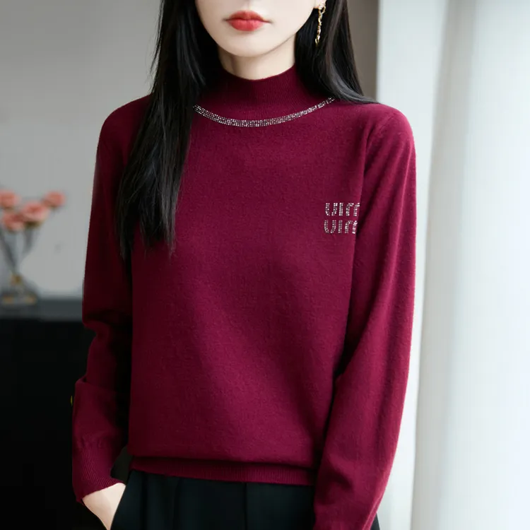秋季字母烫钻半高领毛针织衫显高级洋气新款打底衫毛衣女士上衣