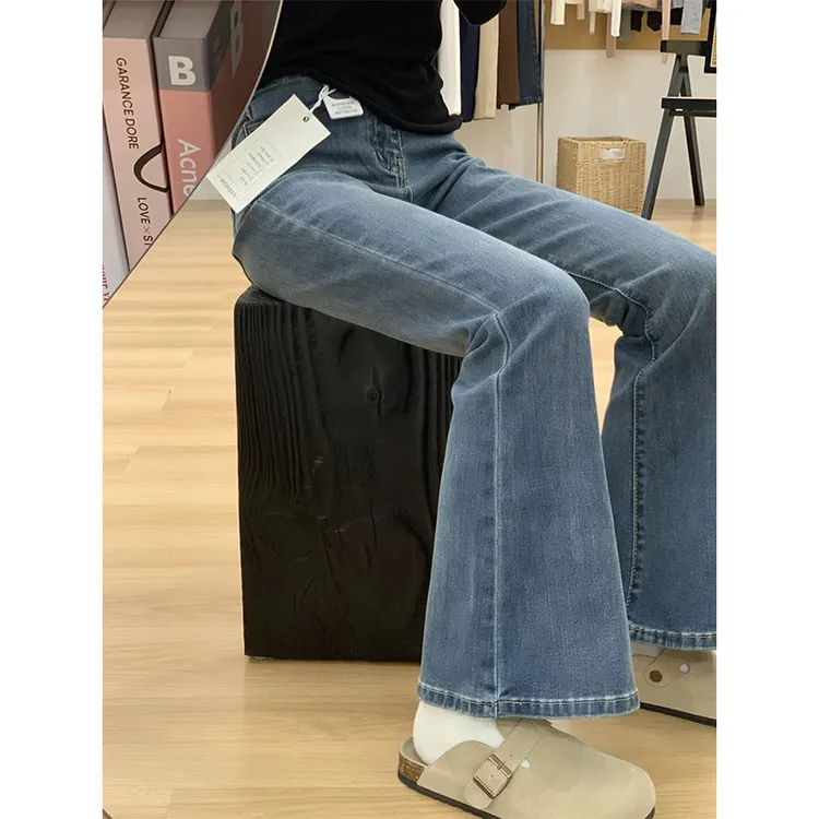复古蓝高腰弹力微喇牛仔裤女2025秋季新款修身显瘦喇叭马蹄拖地裤