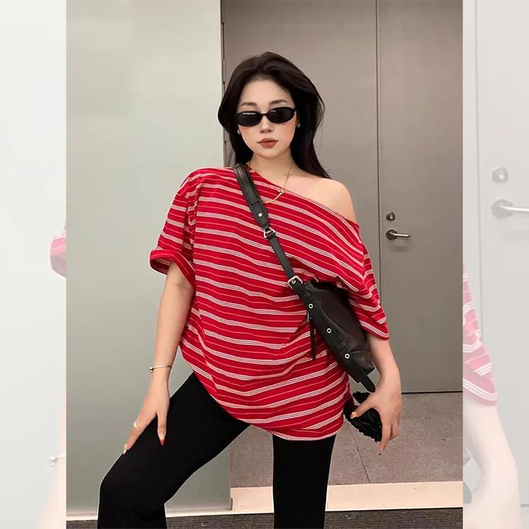 设计感小众上衣宽松慵懒风红色条纹斜肩纯棉短袖t恤女装20