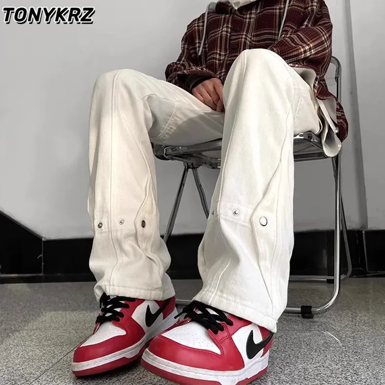 TONYKRZcleanfit美式白色机能排扣牛仔裤男春夏显高直筒微喇裤子