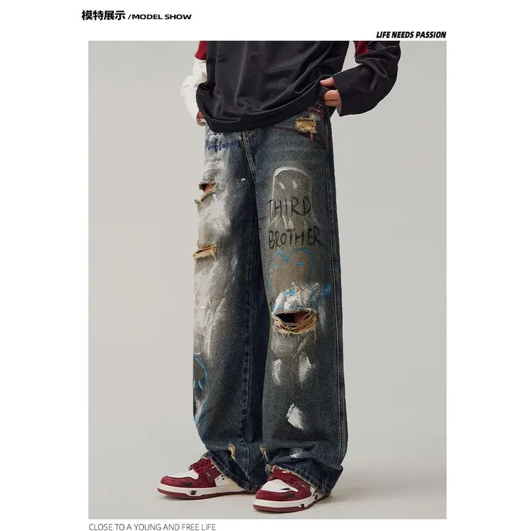 美式街头水洗做旧破洞牛仔裤男春秋直筒宽松欧美高街vibe风长裤子