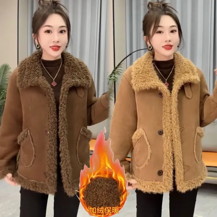 时尚羊羔绒冬季皮毛一体短外套女加绒加厚2025秋冬款保暖洋气外穿