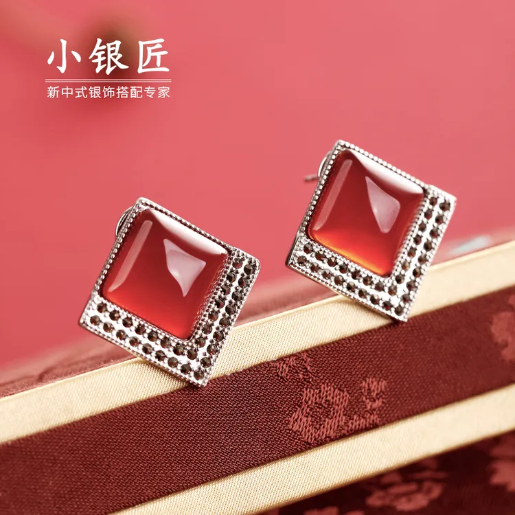 小银匠S925银玛瑙耳钉女方块时尚简约个性新中式轻奢大气时尚耳饰