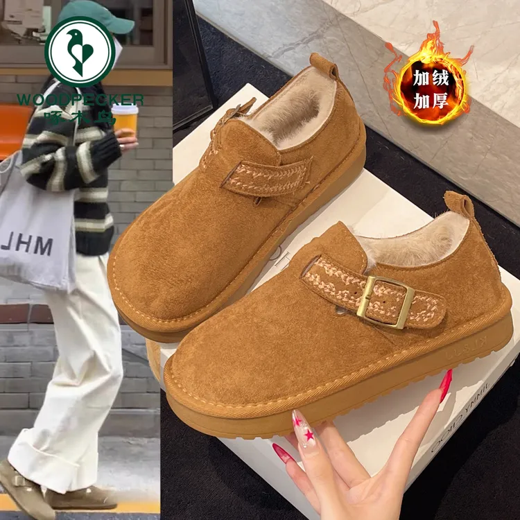 啄木鸟厚底加绒全包勃肯鞋保暖毛毛棉鞋女2025新款冬豆豆鞋雪地靴