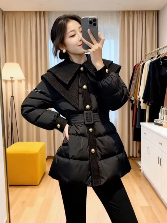 小香风黑色收腰棉服女款冬季2025新款独特漂亮绝美巨好看厚外套