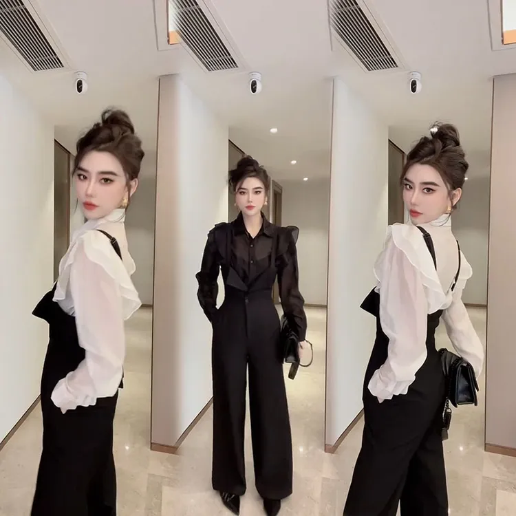 欧货高端品质珍珠纱微透衬衫领木耳边灯笼袖衬衫双肩背带阔腿裤套