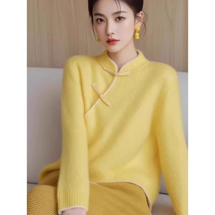 新中式国风盘扣超好看黄色毛衣女款2025新款春季针织衫长袖上衣