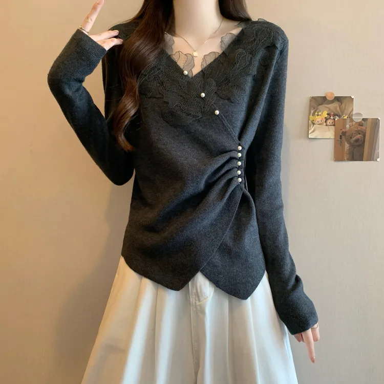 设计感V领蕾丝花边正肩打底衫女秋冬胖妹妹高级感不规则上衣6108