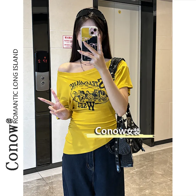 夏季新款不规则斜肩字母印花短袖T恤女收腰显瘦露肩辣妹上衣