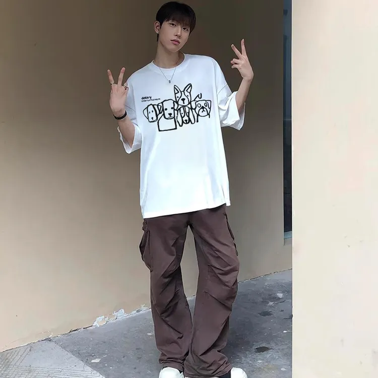 100%纯棉美式个性简笔小狗印花短袖t恤男女休闲夏季宽松情侣上衣