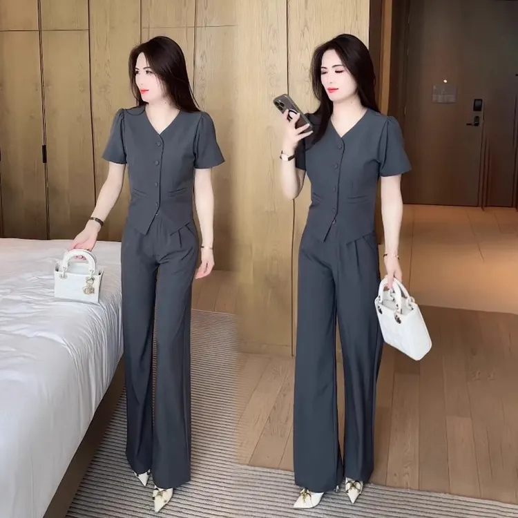 时尚气质套装女2025夏季新款洋气显瘦短袖上衣阔腿裤高级感两件套