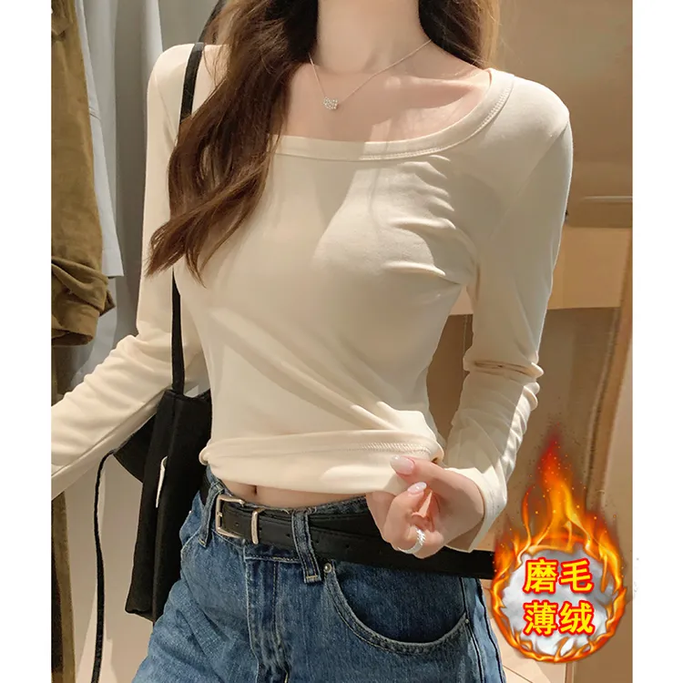 方领打底衫女秋冬保暖磨毛绒洋气内搭长袖T恤设计感正肩短款上衣