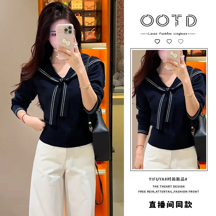 学院风海军领长袖针织衫女2025年秋冬新款小个子潮流百搭显瘦上衣