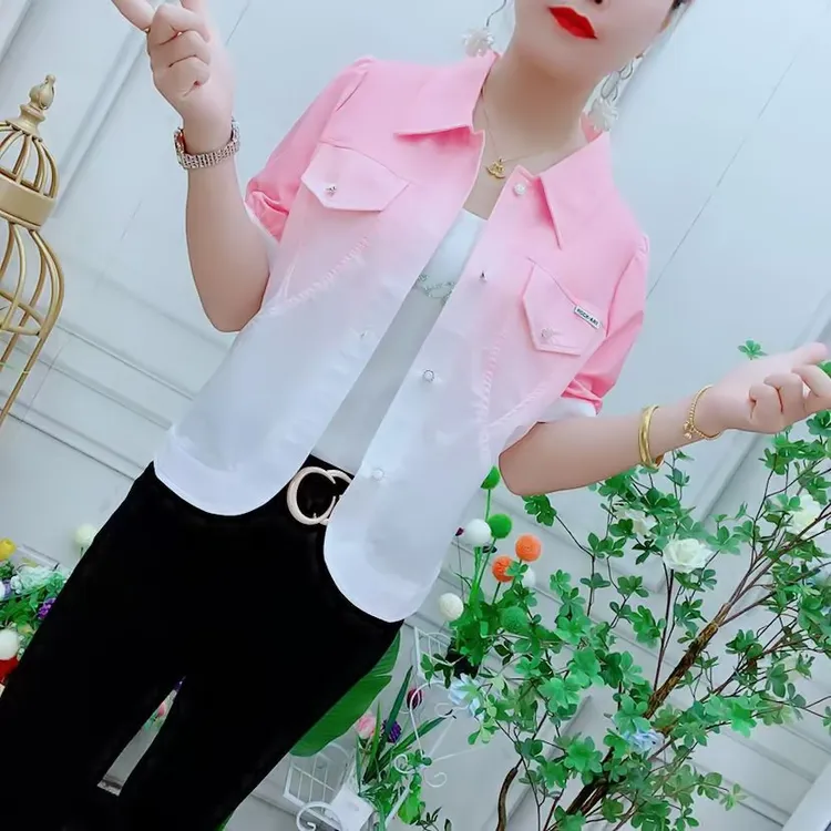 渐变色设计感别致短款衬衫女夏季韩版宽松显瘦减龄小个子洋气上衣
