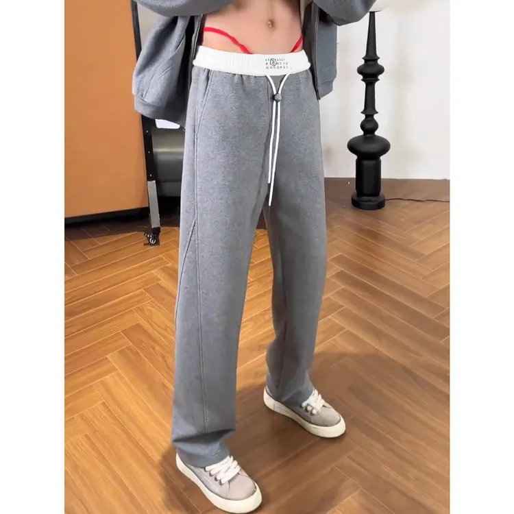 HKYC春秋新款刺绣拼接直筒裤男韩版潮流百搭阔腿裤运动显瘦休闲裤