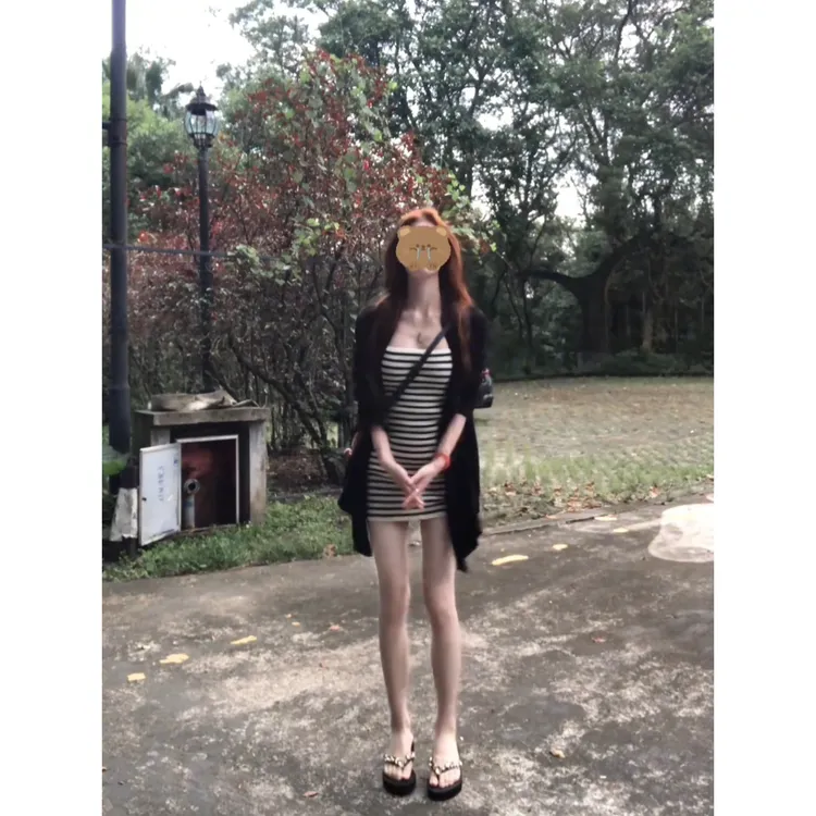 纯欲辣妹套装女夏季慵懒休闲黑色开衫外套条纹吊带连衣裙子一整套