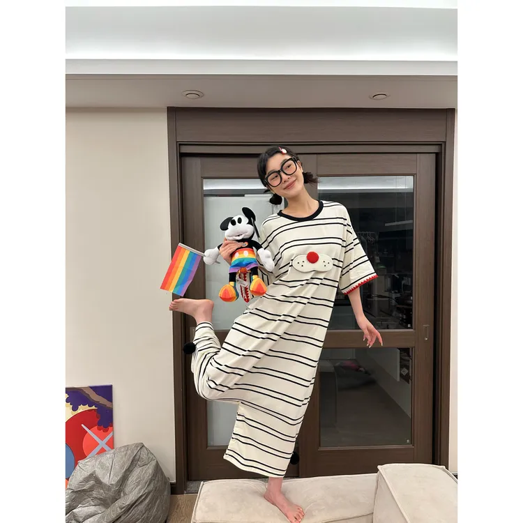 酷猫连体韩版可爱短袖长款女夏季2024年新款开扣家居服睡裙可外穿