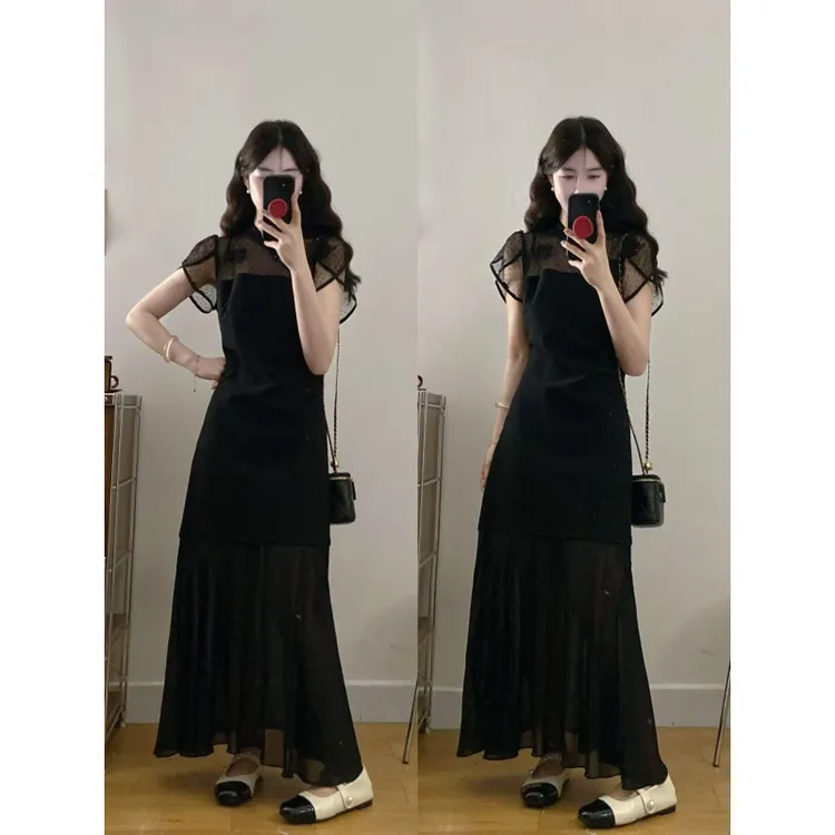 大码新中式连衣裙女2025夏新款网纱拼接立领国风小黑裙中长款