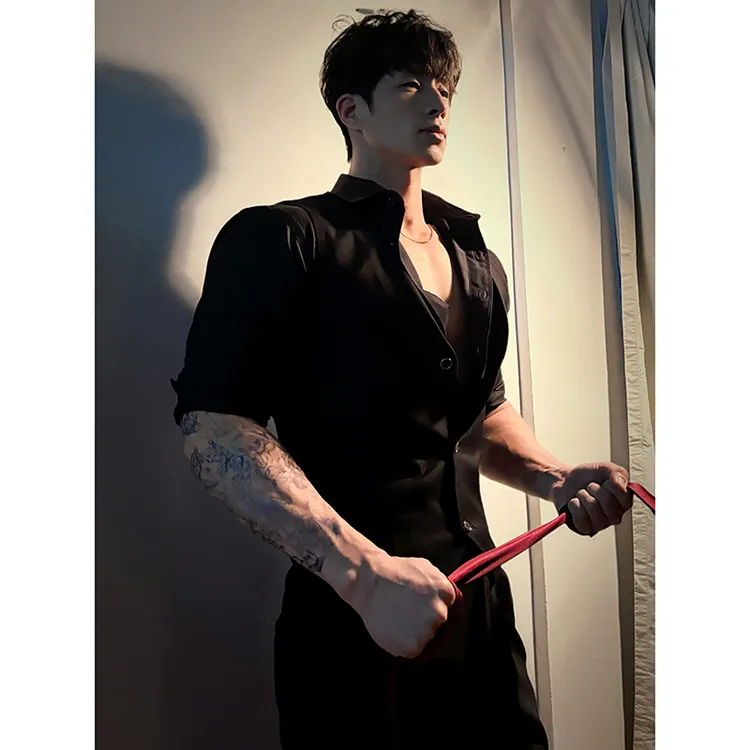 黑色长袖衬衫男秋季高级感禁欲系英伦雅痞健身内搭显肌肉弹力衬衣