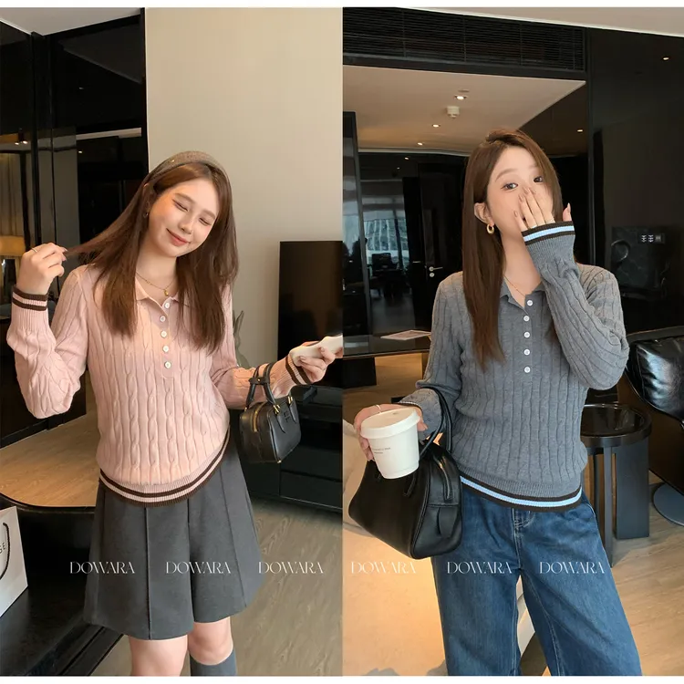 大婉酱微胖定制气质学院风翻领正肩显瘦澳毛针织打底衫上衣1023D 