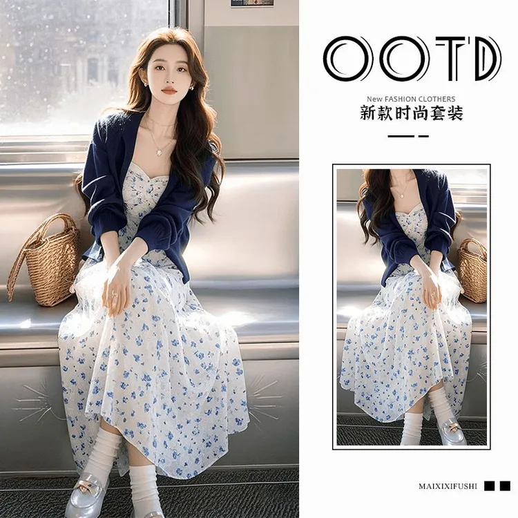 早春一整套女装2025新款韩版海边度假显瘦针织开衫碎花连衣裙套装