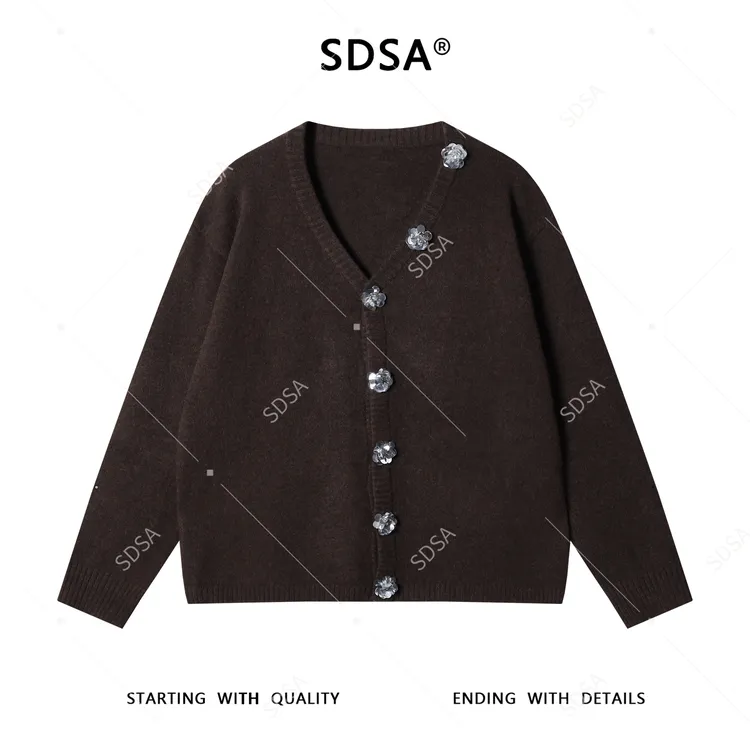 SDSA男士秋冬新款痞帅男装潮牌针织衫V领立体花朵装饰开衫毛衣