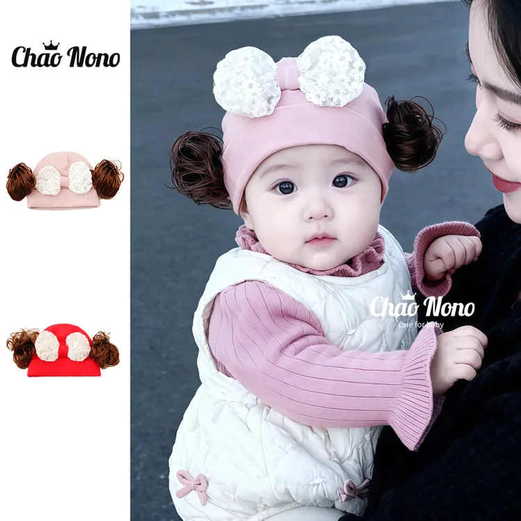 秋冬婴儿帽子女宝宝蝴蝶结假发丸子头护囟门胎帽婴幼儿公主套头帽