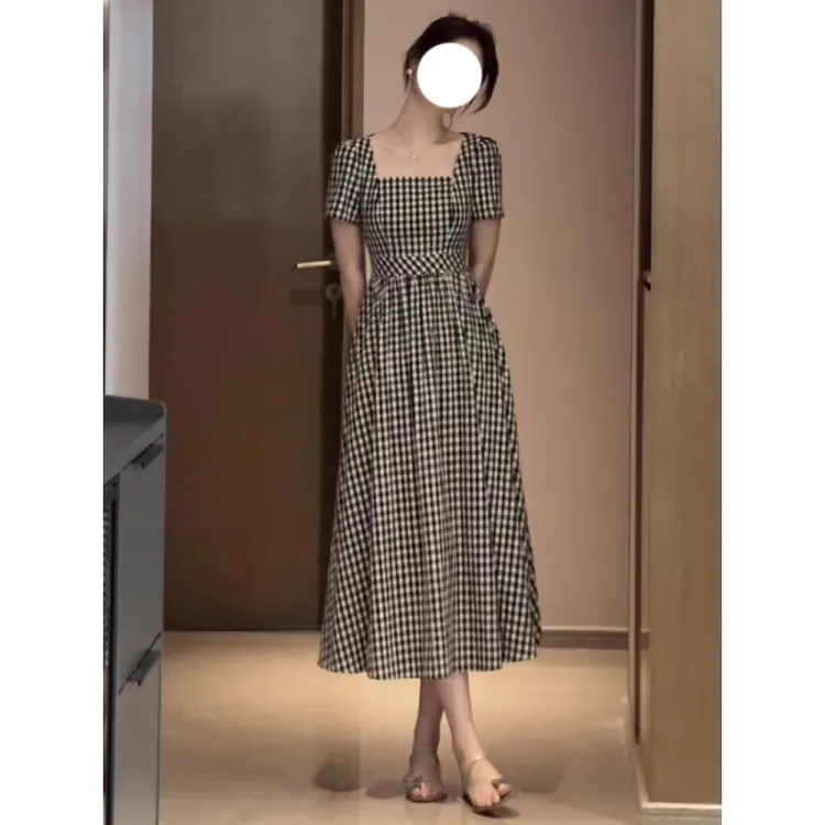 法式方领格子小个子连衣裙女2025夏季新款收腰显瘦高级感小裙子潮