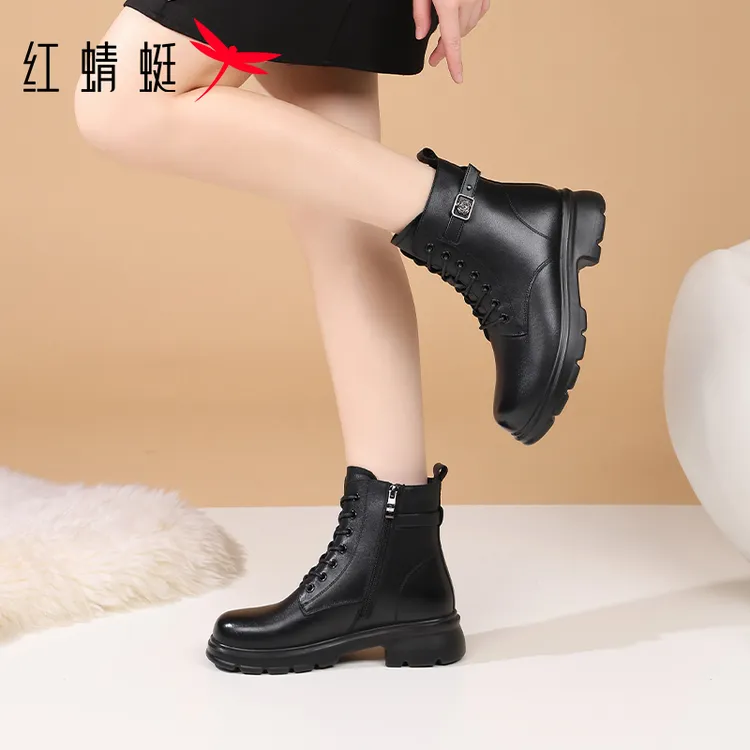 红蜻蜓女女靴秋冬靴子短靴马丁靴女新款真皮加绒保暖皮鞋英伦风