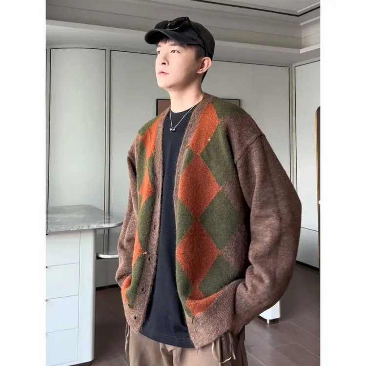 大圣圣 韩系复古流苏设计菱格纹开衫毛衣男女同款百搭TOB 91289