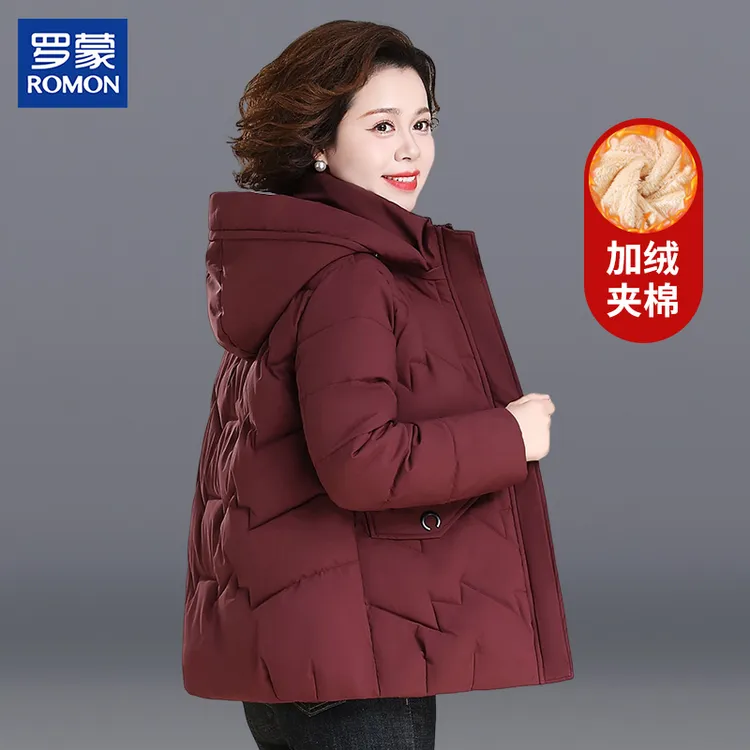 罗蒙妈妈冬装加绒夹棉外套中年时尚连帽棉衣中老年女冬季短款棉服