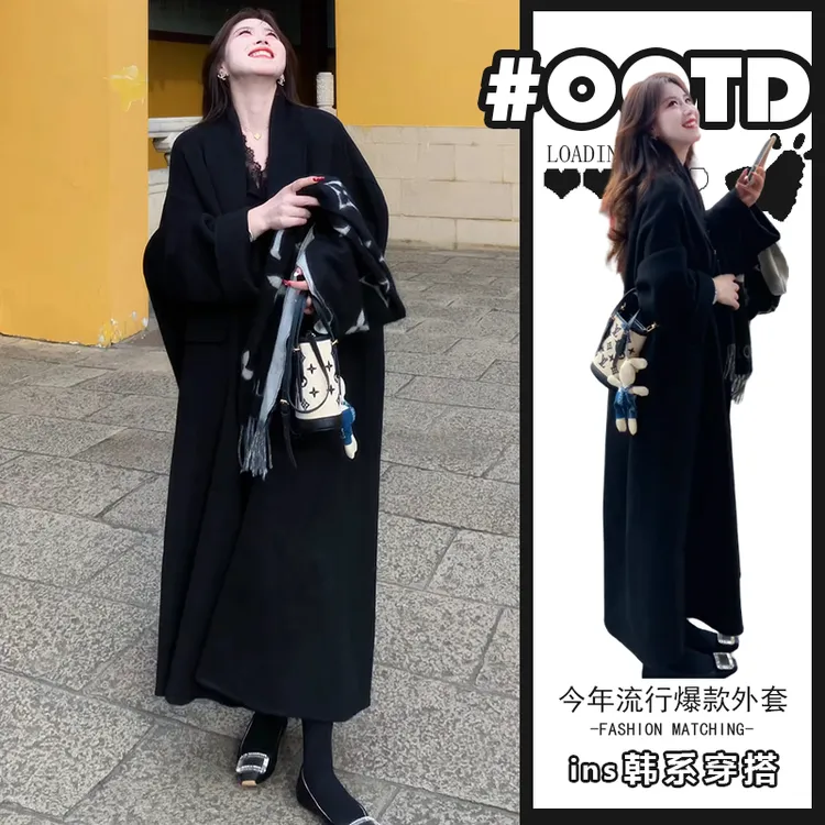欧货宽松中长款显气质毛呢外套女2025冬季新款赫本风保暖黑色大衣
