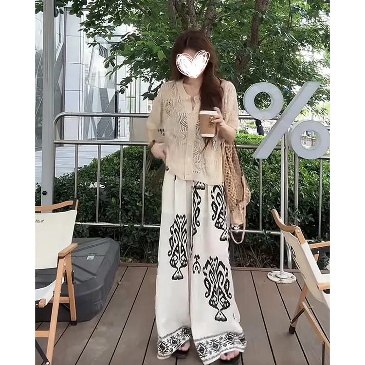 FRVXO夏季显瘦气质镂空小众设计感上衣提花复古慵懒感阔腿裤