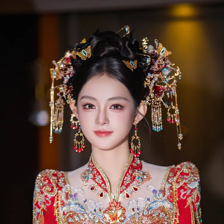 合金婚庆饰品 中式新娘红色花朵蝴蝶步摇精致复古秀禾发饰女G0313