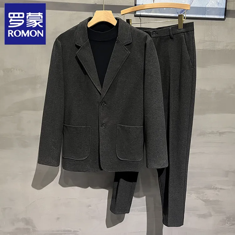 Romon/罗蒙秋冬韩版高级感毛呢西装男士休闲西服加厚加绒单件外套