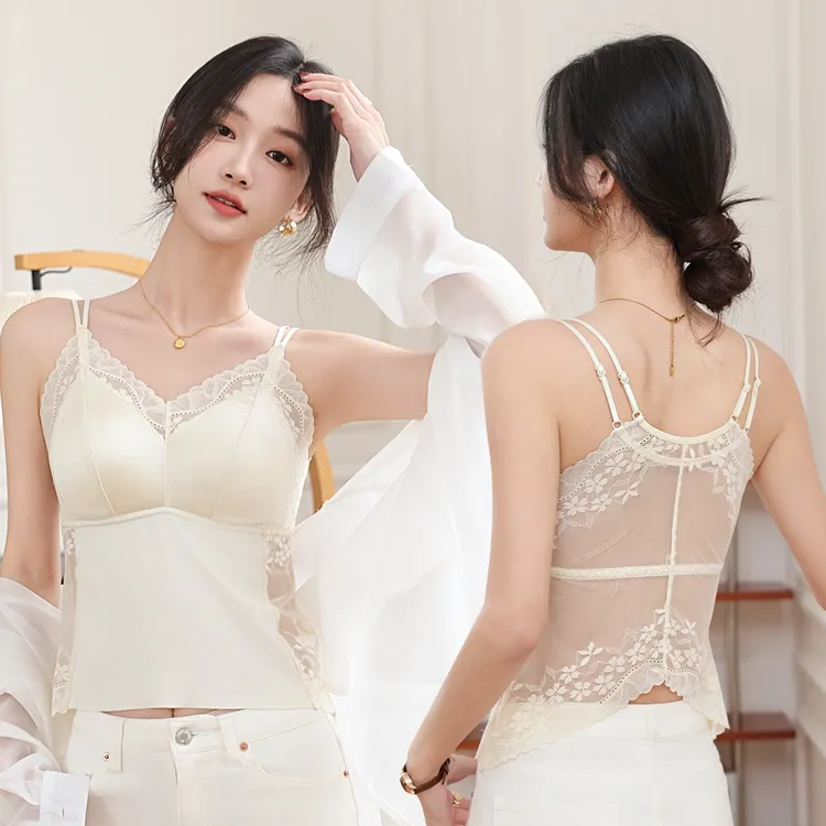 初夏新款缎面蕾丝双肩带美背乳胶杯遮肚显瘦免穿内衣