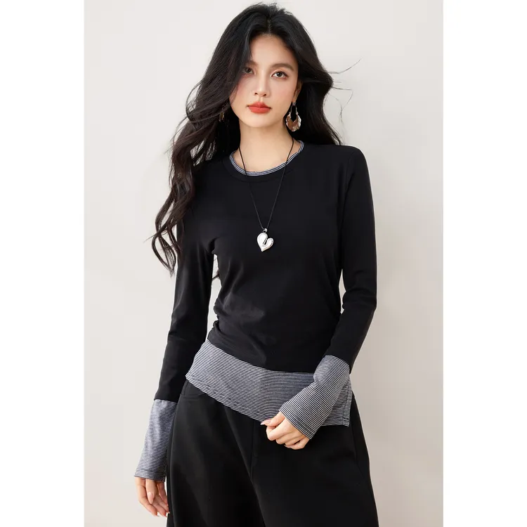 ◆有现货◆撞色拼接针织秋冬长袖T恤设计感叠穿修身