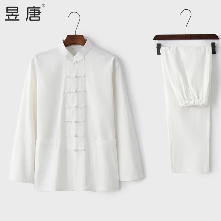 居士唐装男棉麻套装春秋中国风男装长袖立领中老年衣服中医茶服潮