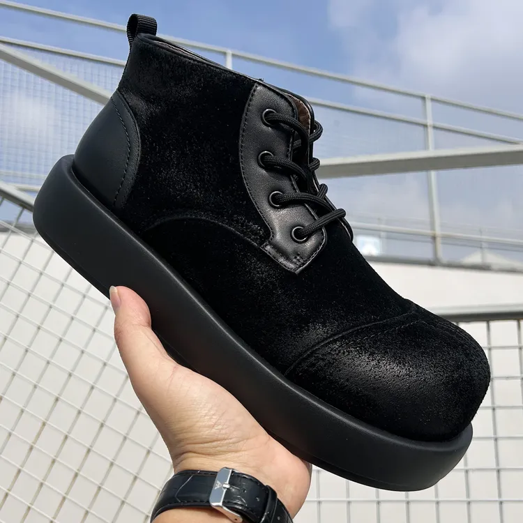 日系复古风做旧圆头男士高帮厚底休闲皮鞋秋冬工装时尚真皮短靴