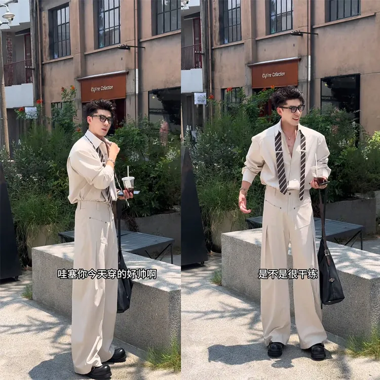 龙刀刀秋季新品百搭小众设计款领带衬衫套装男高级感休闲衬衣长裤