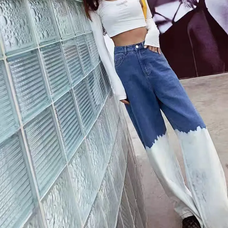 美式高街牛仔裤女款2025欧美潮牌ins时尚撞色高腰设计感直筒长裤