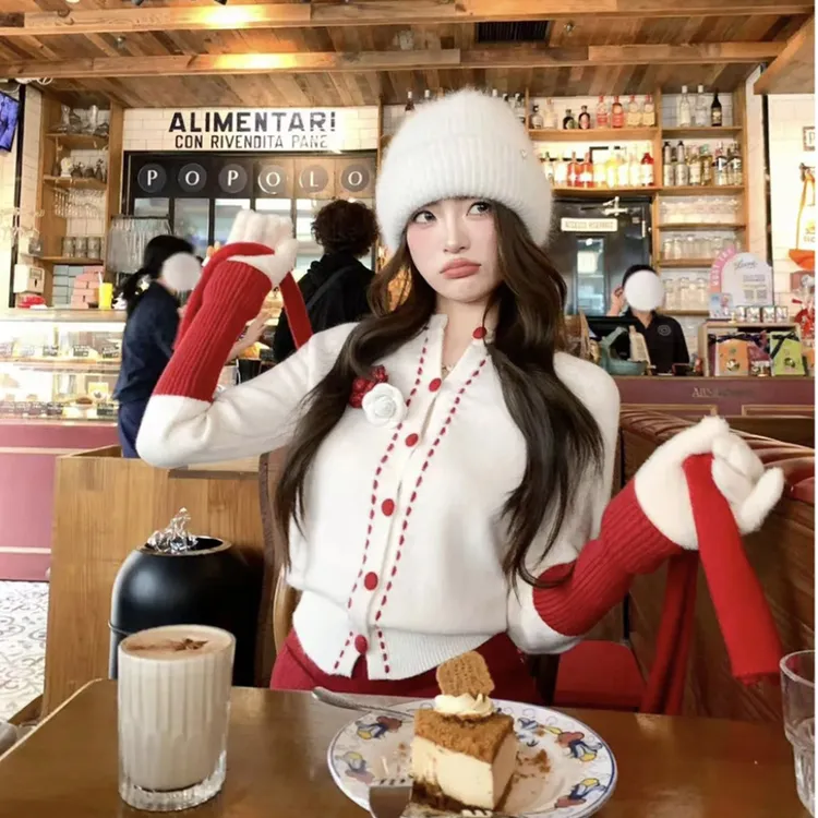 白色手工编织设计针织衫小个子女秋冬圣诞穿搭软糯外套上衣W1036