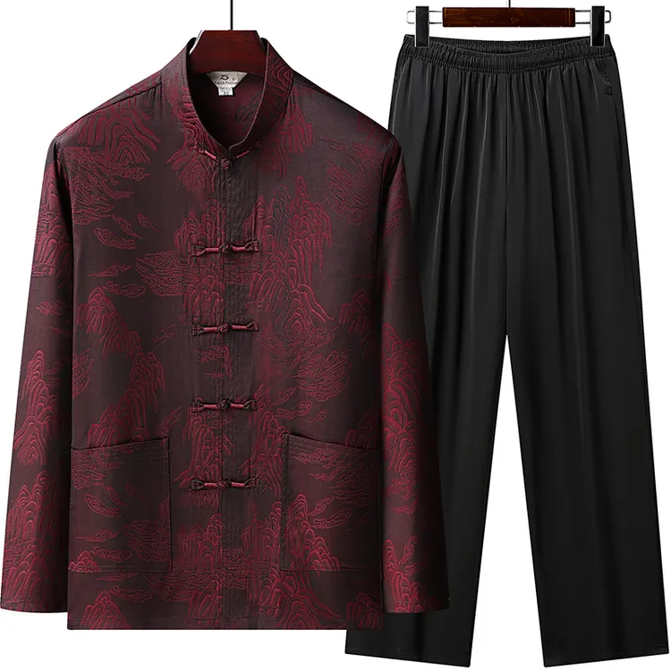 唐装男中老年夏季薄款长袖套装中国风爸爸晨练休闲老人宽松太极服