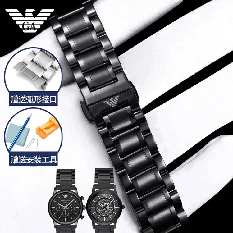 适配阿玛尼手表带钢带男女原装AR600082447 1828黑武士金属表链