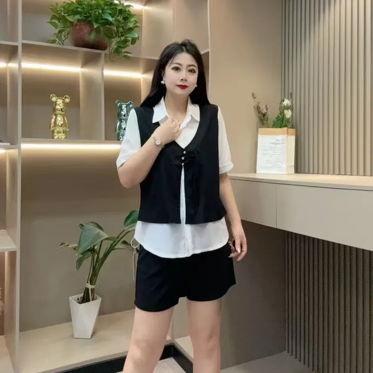 夏季半袖-酷 3516时尚气质潮流微透假两件显瘦款胖MM大码女装新款