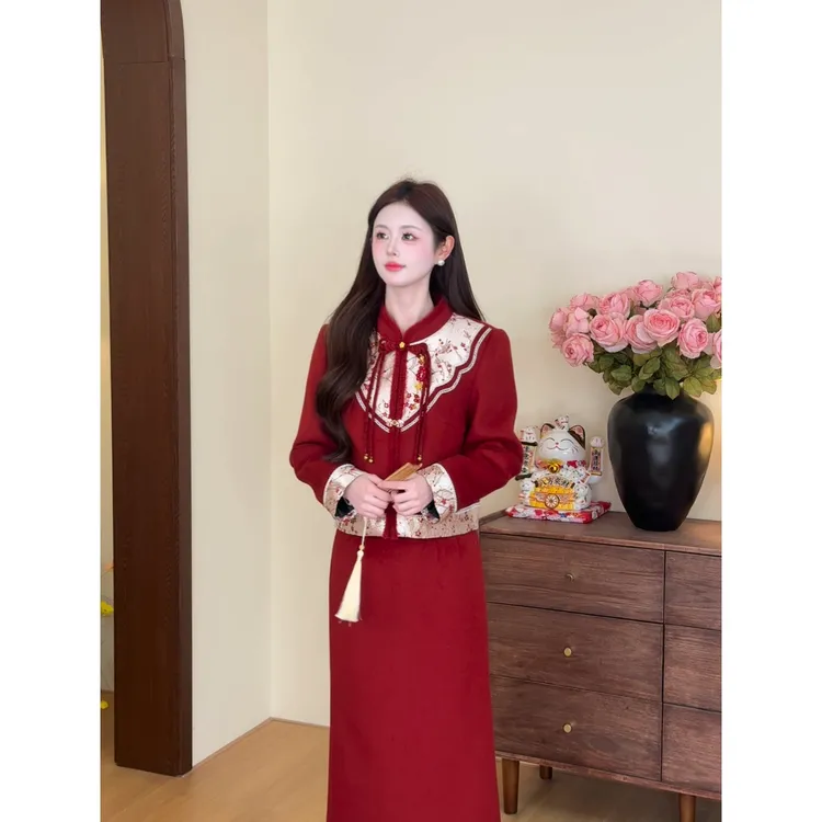 【前缘】<77>新中式撞色提花毛呢羽绒外套+半裙套装XMZH10758