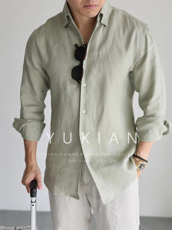 YUXIAN意式老钱100%亚麻一片领衬衫透气休闲商务长袖衬衣男士春夏