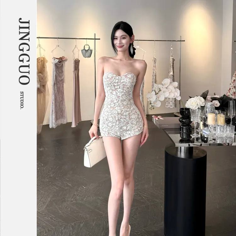 【JINGGUO轻奢】小众设计蕾丝性感抹胸上衣辣妹修身短裤套装7482